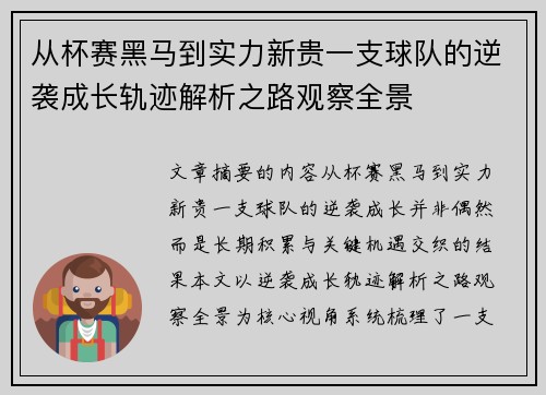 从杯赛黑马到实力新贵一支球队的逆袭成长轨迹解析之路观察全景